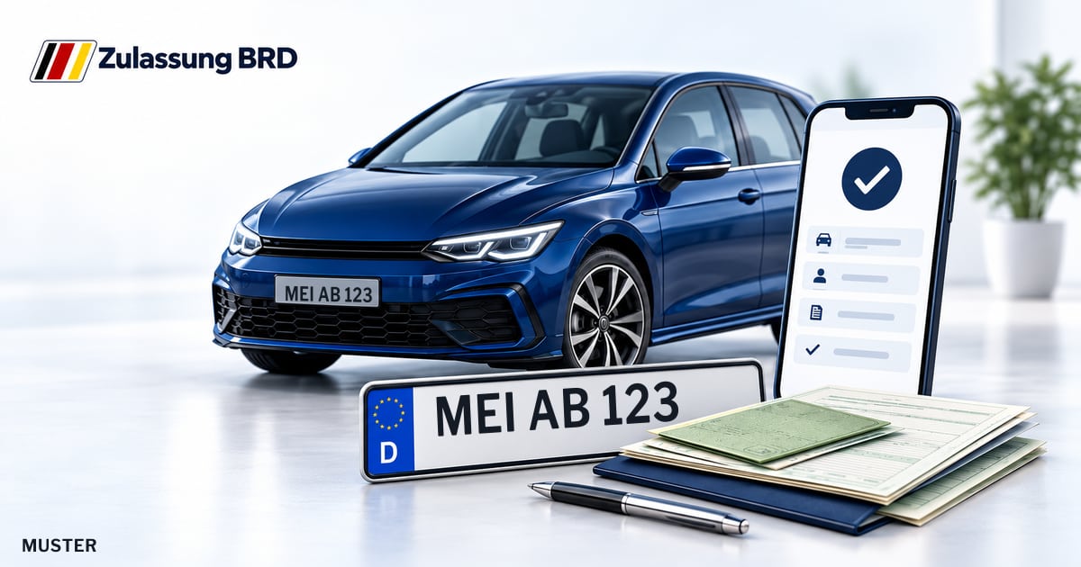 Online Fahrzeugzulassung in Landkreis Meißen: Musterkennzeichen MEI AB 123, Auto und Fahrzeugpapiere und Smartphone. Illustration mit Logo von Zulassung BRD.